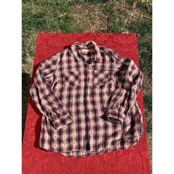 cb Women's Button-Up Shirt Size 2X Blue Red Multicolor Plaid Long-Sleeves Cotton - Picture 2 of 5